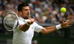Le Serbe Novak Djokovic au cours de son quart de finale de Wimbledon contre le Russe Andrey Rublev le 11 juillet 2023 Ă Londres