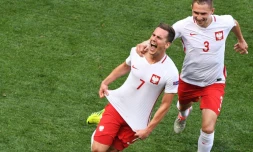 La joie du Polonais Arkadiusz Milik (g) exulte après son but contre l'Irlande du Nord, lors de l'Euro, le 12 juin 2016 à Nice