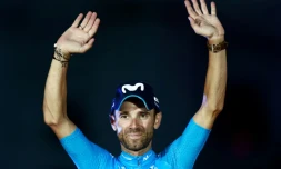 L'Espagnol Alejandro Valverde sur le podium du Tour d'Espagne,le 16 septembre 2018 à Madrid