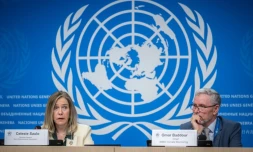 La secrétaire générale de l'OMM Celeste Saulo et le chef de la surveillance du climat de l'OMM, Omar Baddour, à GenÚve le 19 mars 2024