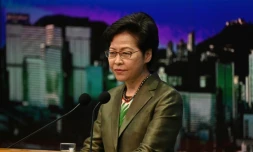 La cheffe de l'exécutif hongkongais Carrie Lam lors d'une conférence de presse, le 6 juillet 2021 à Hong Kong