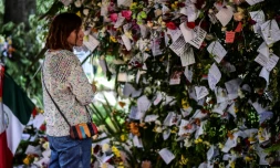 Une femme lit des messages déposés en mémoire aux victimes du séisme, à Mexico le 25 septembre 2017