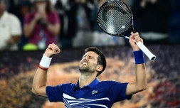 Novak Djokovic vainqueur du Russe Daniil Medvedev en 8e de finale à l'Open d'Australie, à Melbourne, le 21 janvier 2019