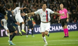 Angel Di Maria célèbre le deuxième but du Paris SG lors du match aller de Ligue des champions face au Real Madrid, le 18 septembre 2019 au Parc des Princes