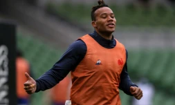 Teddy Thomas à l'échauffement avant le match du XV de France contre l'Irlande le 14 février 2021