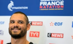 Florent Manandou, lors de sa conférence de presse, le 4 avril 2022 à Limoges, à la veille des Championnats de France de natation