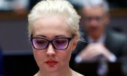 La veuve de l'opposant russe décédé Alexeï Navalny, Ioulia Navalnaïa, lors d'une réunion des ministres des Affaires étrangères de l'Union européenne à Bruxelles, le 19 février 2024