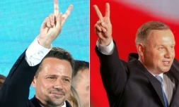 Le président polonais Andrzej Duda à Lowicz, et son rival libéral Rafal Trzaskowski à Varsovie, le 28 juin 2020