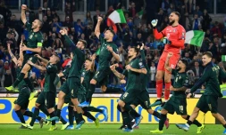 La joie des joueurs italiens, qualifiés pour l'Euro-2020 après leur victoire face à la Grèce, le 12 octobre 2019 à Rome