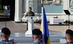 Le prĂ©sident ukrainien Volodymyr Zelensky lors des cĂ©rĂ©monies marquant le jour de la fĂȘte de l'IndĂ©pendance de l'Ukraine, le 24 aoĂ»t 2023 Ă Kiev