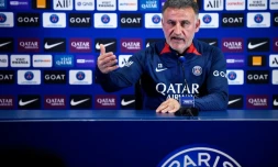 L'entraîneur du Paris Saint-Germain Christophe Galtier lors d'une conférence de presse le 19 mai 2023 au Camp des Loges à Saint-Germain-en-Laye en France 