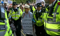Un manifestant arrêté lors d'un rassemblement de soutien au groupe Palestine Action à Londres le 6 septembre 2025