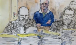 Dessin de presse montrant Francis Heaulme derrière ses avocats, à Metz le 25 avril 2017