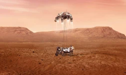 Illustration fournie le 16 février 2021 par la Nasa du rover Perseverance au moment de son atterrissage sur Mars