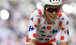 Le Français Warren Barguil avec le maillot à pois sur le Tour de France, le 22 juillet 2017