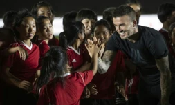 L'ancienne star anglaise du footbal David Beckham lors d'un événement promotionnel à Pékin au profit de la plus grande ligue universitaire chinoise, le 20 juin 2018 