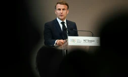 Le président français Emmanuel Macron lors d'un discours devant le Comité international olympique, Paris le 23 juillet 2024