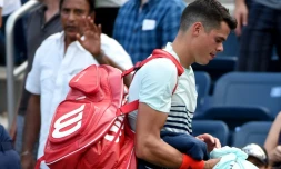 Milos Raonic aprÚs sa défaite face à Ryan Harrison à l'US Open de tennis le 31 août 2016 à New York
