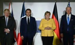 (de g à d) Le Premier ministre britannique Boris Johnson, le président français Emmanuel Macron, la chancelière allemande Angela Merkel et le président américain Joe Biden à Rome, le 30 octobre 2021
