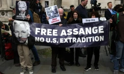 Manifestation de soutien Ă Julian Assange, fondateur de Wikileaks, devant la Haute Cour de Londres, le 26 mars 2024