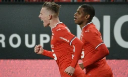 Le milieu de Rennes Benjamin Bourigeaud, exulte après avoir inscrit l'unique but face Lille au Roazhon Park, le 21 octobre 2017     