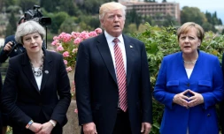Angela Merkel avec Theresa May et Donald Trump au sommet du G7 le 26 mai 2017 à Taormina, en Sicile