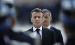 Le président Emmanuel Macron lors de l'hommage national aux trois policiers tués dans un accident, le 25 mai 2023 à Roubaix