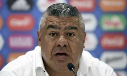 Le président de la Fédération argentine de football, Claudio Tapia, en conférence de presse, le 24 juin 2018 à Bronnitsy, près de Moscou