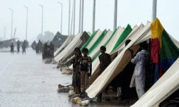 Des déplacés ayant fui leurs maisons inondées devant des tentes temporaires installées le long d'une route lors de fortes pluies de mousson à Sukkur, dans la province de Sindh, au Pakistan, le 27 août 2022