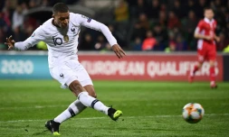 L'attaquant des Bleus Kylian Mbappé buteur lors de la victoire 4-1 face à la Moldavie lors du premier match de qualification de l'Euro à Chisinau le 22 mars 2019