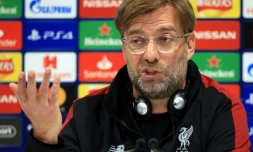 L'entraĂźneur de Liverpool JĂŒrgen Klopp en confĂ©rence de presse, le 6 mai 2019 Ă Liverpool