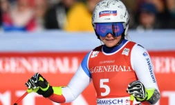 La Suissesse Corinne Suter à l'arrivée du super-G de Garmisch-Partenkirchen, le 9 février 2020  