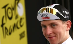 Le SlovÚne Tadej Pogacar, aprÚs la 16e étape du Tour de France, le 18 juillet 2023 à Combloux