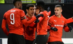 Ismaila Sarr (N.7) qualifie le Stade rennais, grâce à son doublé contre le FC Astana en Ligue Europa, le 13 décembre 2018 au Roazhon Park