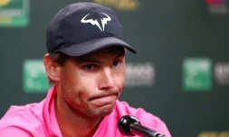L'Espagnol Rafael Nadal en conférence de presse lors du tournoi d'Indian Wells le 16 mars 2019