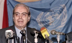 Javier Perez de Cuellar, secrétaire général de l'ONU, à Mexico le 22 janvier 1987