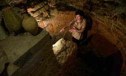 Tossia Gharibian, dans les escaliers qui mènent au labyrinthe creusé par son mari Levon Arakelian sous leur maison d'Arinj en Arménie, le 27 juin 2018