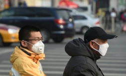 Deux Chinois portent des masques anti-pollution à Pékin le 19 décembre 2015