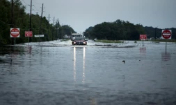Des camions se fraient un passage vers l'usine chimique Arkema à Crosby près de Houston (Texas), le 30 août 2017  
