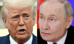 (COMBO) Cette combinaison de photos créée le 17 mars 2025 montre, G-D, le président américain Donald Trump à Washington le 13 mars et le président russe Vladimir Poutine à Moscou le 13 mars 2025.
