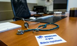 Un autocollant "SOS Médecins en grève, médecin récquisitionné" le 29 décembre 2014 à Lille, dans le nord de la France  