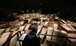 Des sarcophages visibles à l'Ecclesia, centre d'exposition de vestiges mérovingiens, à Luxeuil-les-bains, le 26 mai 2021