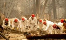 Les secours inspectent les décombres d'une maison à la recherche d'éventuelles victimes du gigantesque incendie qui ravage le nord de la Californie, le 14 novembre 2018 à Paradise
