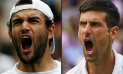 Combophoto représentant  l'Italien Matteo Berrettini et le Serbe Novak Djokovic, le 10 juillet 2021, veille de leur finale du tournoi de Wimbledon à Londres