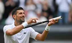 Le Serbe Novak Djokovic vainqueur de l'Italien Lorenzo Musetti en demi-finale de Wimbledon, le 12 juillet 2024 Ă Londres