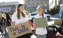 L'Allemande Luisa Neubauer (g) et la Suédoise Greta Thunberg manifestant pour le climat devant le parlement suédois, le 20 août 2021