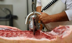 Un boucher en plein travail dans un abattoir, le 18 septembre 2015 en France