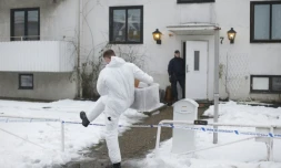 Des enquĂȘteurs suĂ©dois inspectent les environs de la maison oĂč une jeune femme a Ă©tĂ© tuĂ©e Ă Molndal, le 25 janvier 2016
