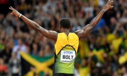 La star du sprint Usain Bolt, après sa série du 100 m aux Mondiaux, le 4 août 2017 à Londres