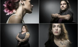 Photo montage créé le 25 juillet 2017 de victimes des attentats de Paris qui montrent leurs tatouages: (de G à D à partir du haut): Ludmila Profit, David Fritz Goeppinger, Stéphanie Zarev et Laura Levêque,